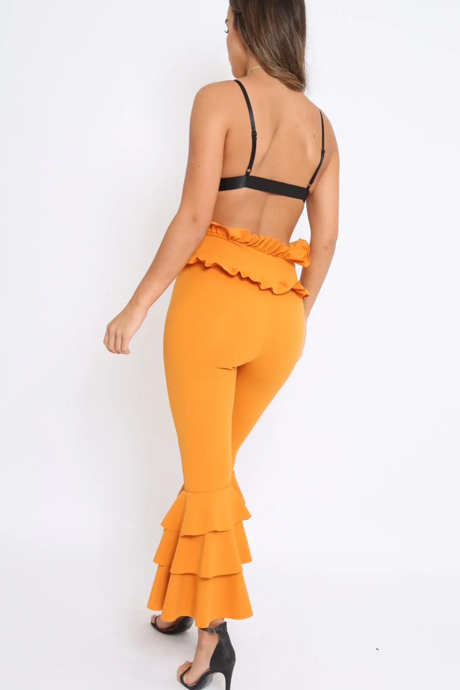 Rebellious Fashion Mustard Frill Hem Triple Tiered Frill Hem Trousers - Karla