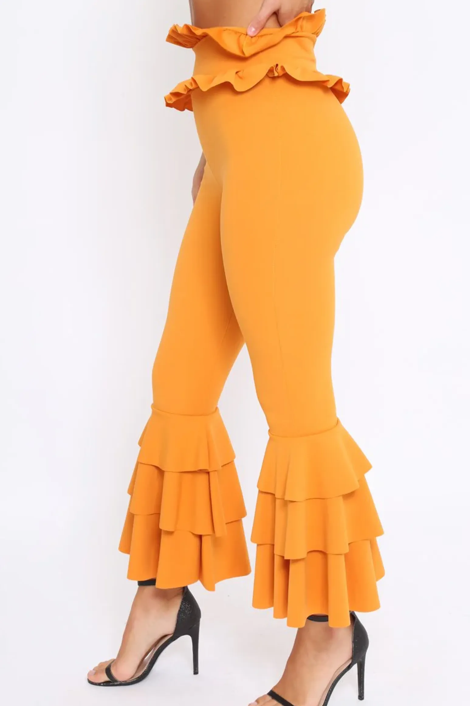 Rebellious Fashion Mustard Frill Hem Triple Tiered Frill Hem Trousers - Karla