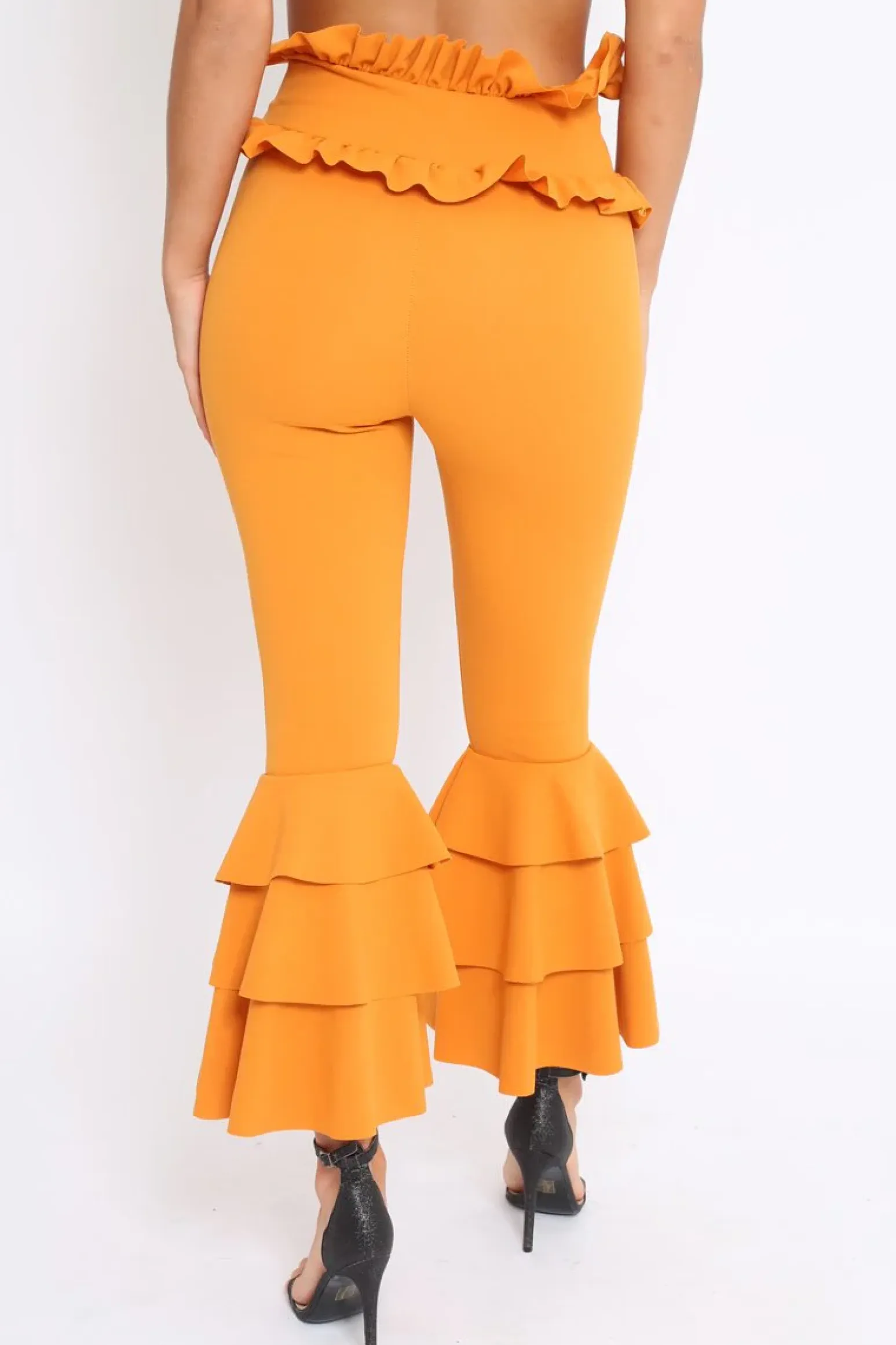 Rebellious Fashion Mustard Frill Hem Triple Tiered Frill Hem Trousers - Karla