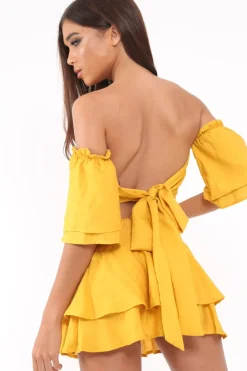 Rebellious Fashion Mustard Frill Tie Back Bardot Crop Top And Mini Skirt - Sarabella