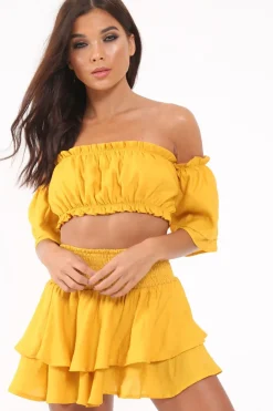 Rebellious Fashion Mustard Frill Tie Back Bardot Crop Top And Mini Skirt - Sarabella