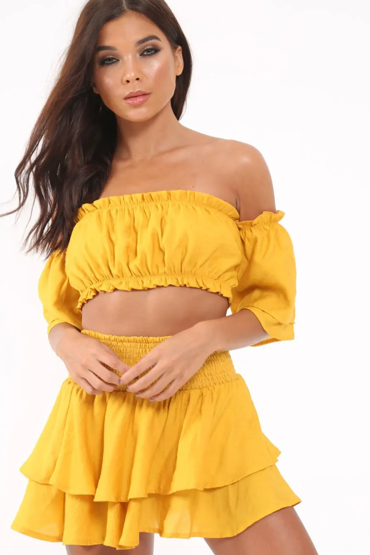 Rebellious Fashion Mustard Frill Tie Back Bardot Crop Top And Mini Skirt - Sarabella