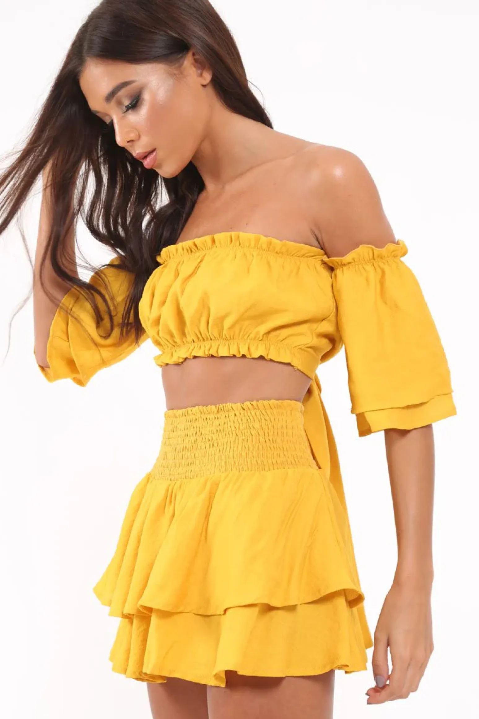 Rebellious Fashion Mustard Frill Tie Back Bardot Crop Top And Mini Skirt - Sarabella