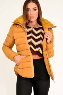 Rebellious Fashion Mustard Fur Lined Ring Pull Puffer Coat - Riko
