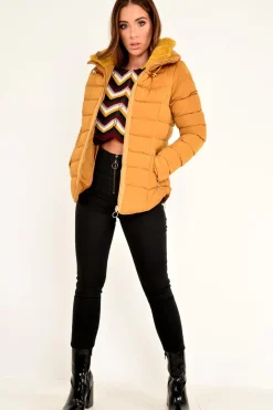 Rebellious Fashion Mustard Fur Lined Ring Pull Puffer Coat - Riko