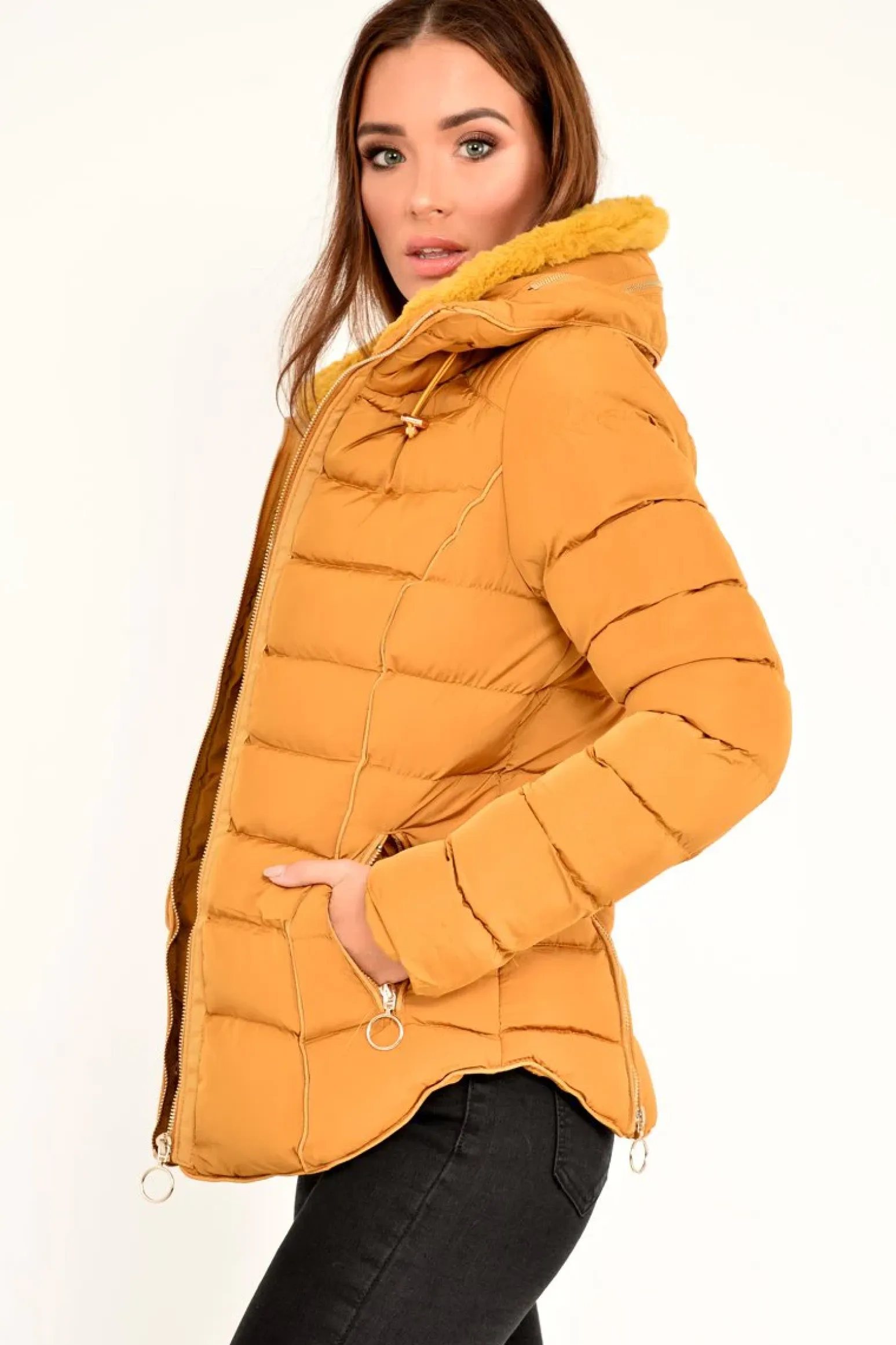 Rebellious Fashion Mustard Fur Lined Ring Pull Puffer Coat - Riko