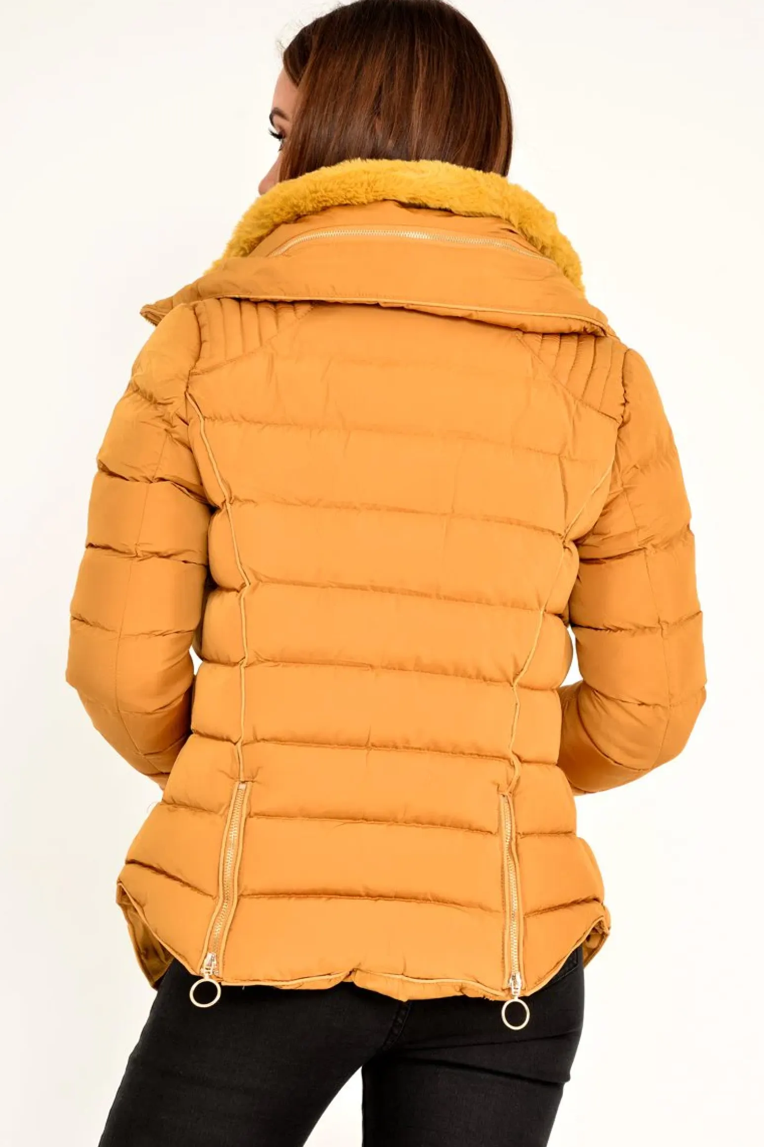 Rebellious Fashion Mustard Fur Lined Ring Pull Puffer Coat - Riko