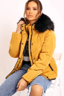 Rebellious Fashion Mustard Fur Trim Quilted Puffer Coat - Lania