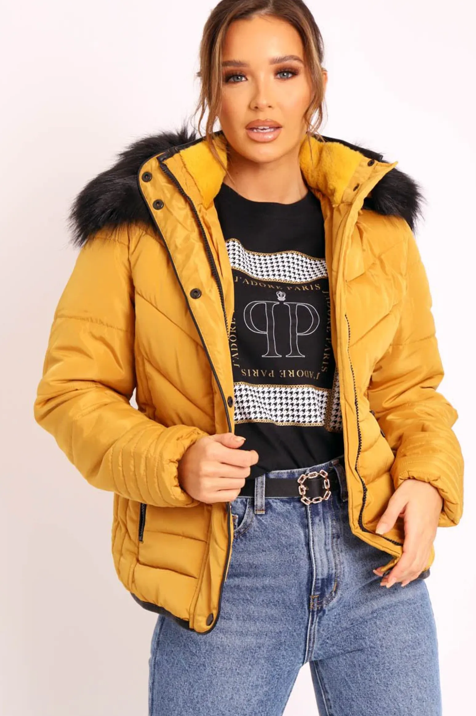 Rebellious Fashion Mustard Fur Trim Quilted Puffer Coat - Lania