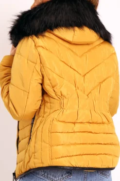 Rebellious Fashion Mustard Fur Trim Quilted Puffer Coat - Lania