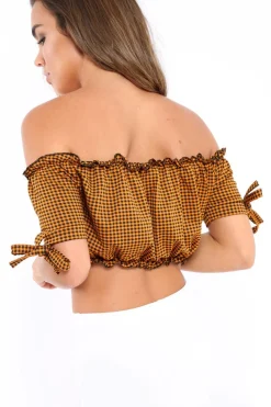 Rebellious Fashion Mustard Gingham Ruched Bardot Gypsy Crop Top - Janette