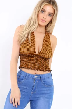 Rebellious Fashion Mustard Gingham Shirred Halter Neck Crop Top - Josie