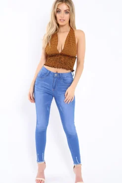 Rebellious Fashion Mustard Gingham Shirred Halter Neck Crop Top - Josie