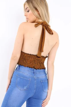 Rebellious Fashion Mustard Gingham Shirred Halter Neck Crop Top - Josie