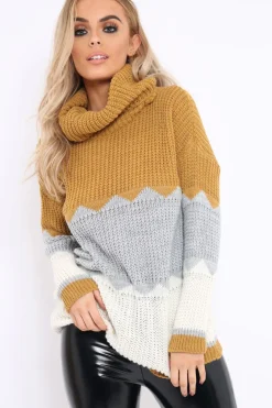 Rebellious Fashion Mustard Grey and Cream ZigZag Patterned Roll Neck Jumper - Nataley