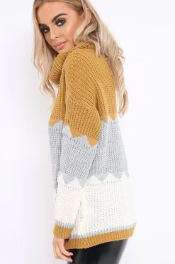 Rebellious Fashion Mustard Grey and Cream ZigZag Patterned Roll Neck Jumper - Nataley