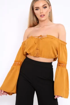 Rebellious Fashion Mustard Gypsy Bardot Crop Top with Key Hole Tie Front - Kaitlin