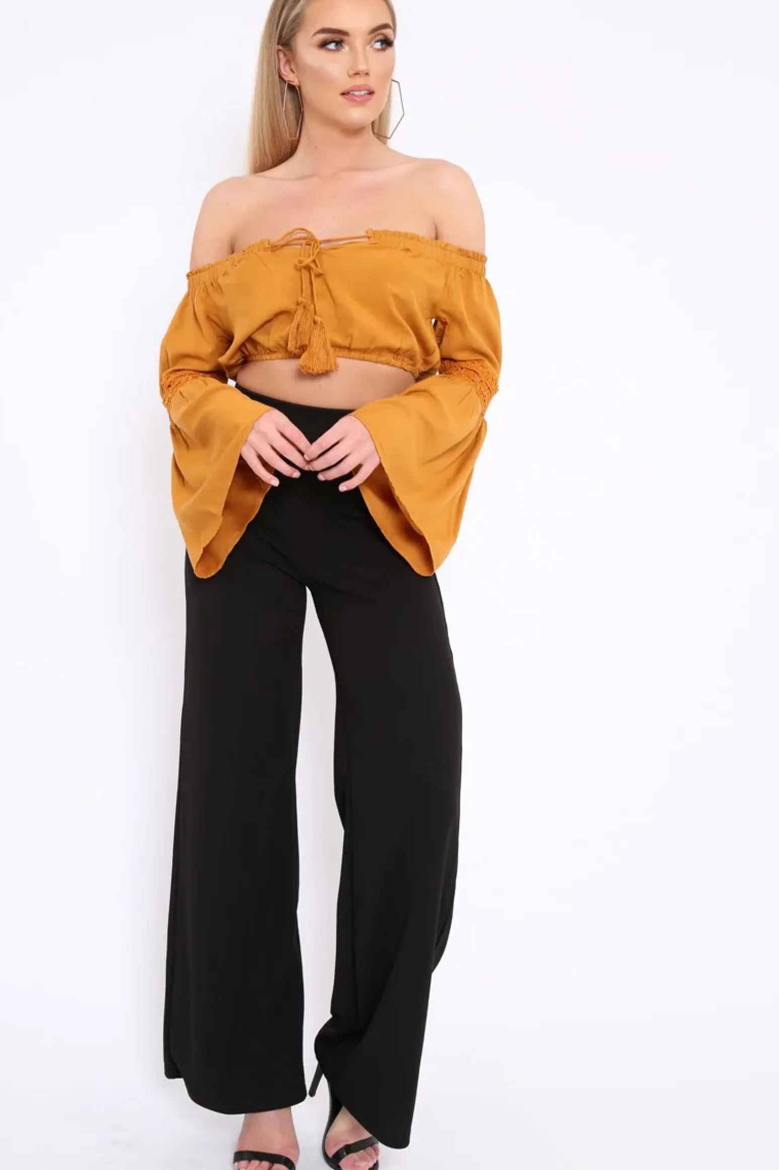 Rebellious Fashion Mustard Gypsy Bardot Crop Top with Key Hole Tie Front - Kaitlin