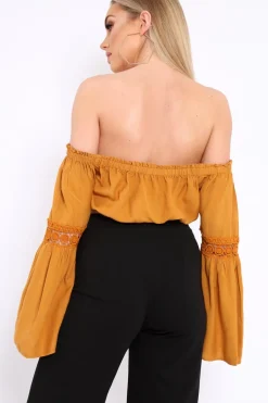 Rebellious Fashion Mustard Gypsy Bardot Crop Top with Key Hole Tie Front - Kaitlin
