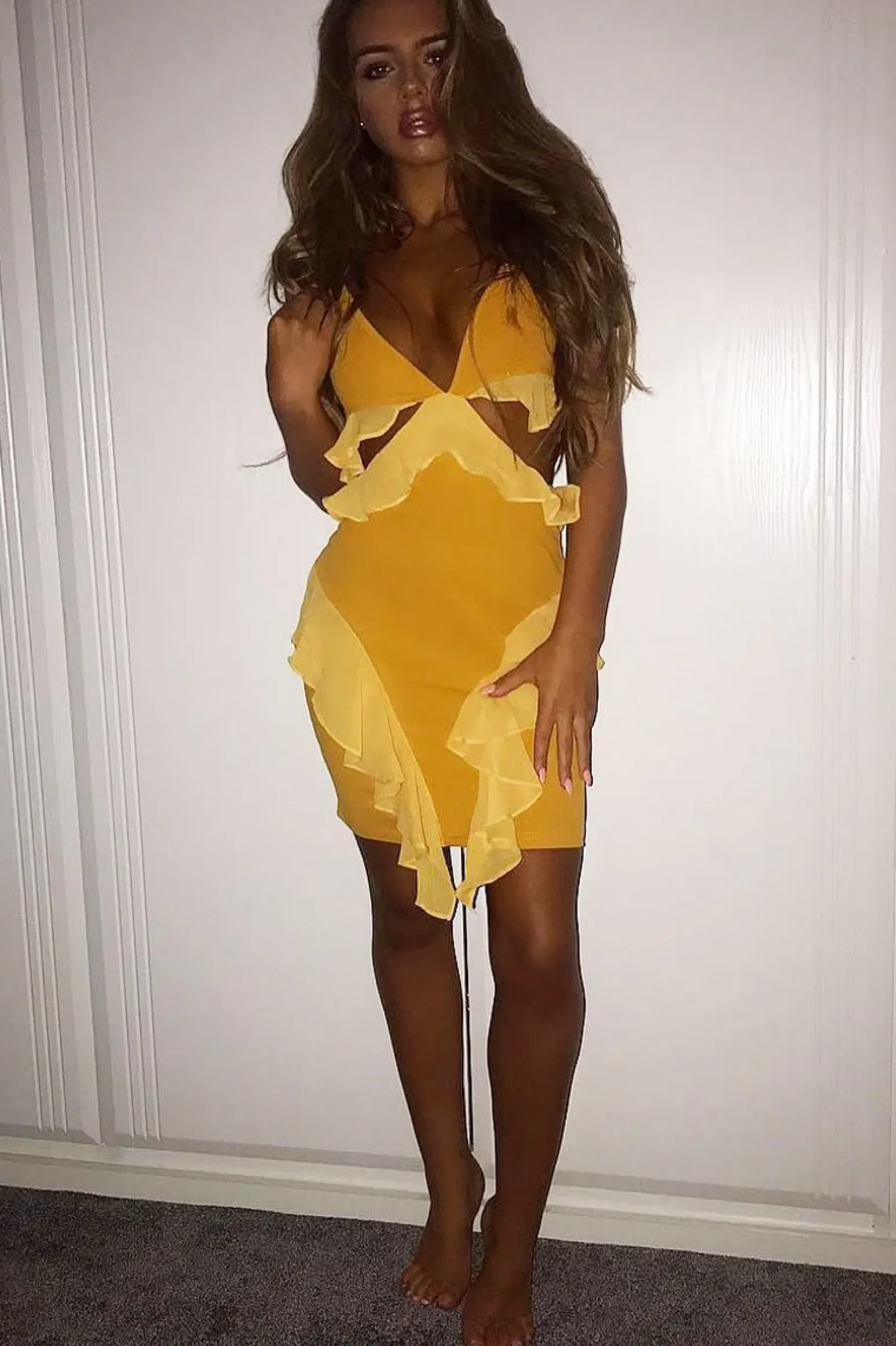 Rebellious Fashion Mustard Halterneck Cut Out Mini Dress - Kamila