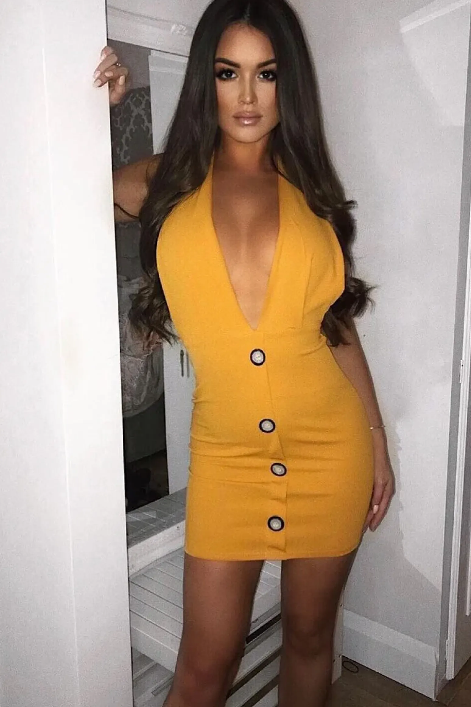 Rebellious Fashion Mustard Halter Plunge Button Detail Mini Dress - Khaira