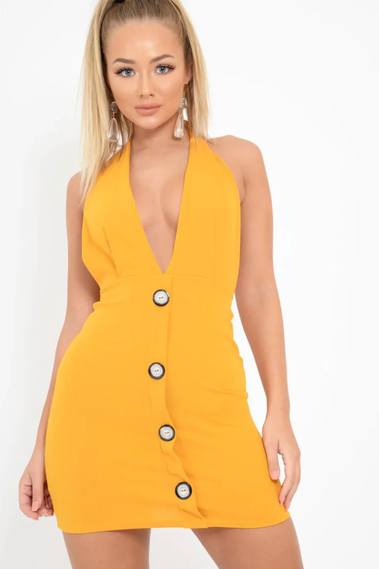 Rebellious Fashion Mustard Halter Plunge Button Detail Mini Dress - Khaira
