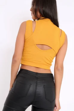 Rebellious Fashion Mustard High Neck Cut Out Ribbed Crop Top - Jessica