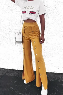 Rebellious Fashion Mustard High Waist Flare Trousers with Popper detail -Tamy