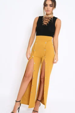 Rebellious Fashion Mustard High Waist Flare Trousers with Popper detail -Tamy