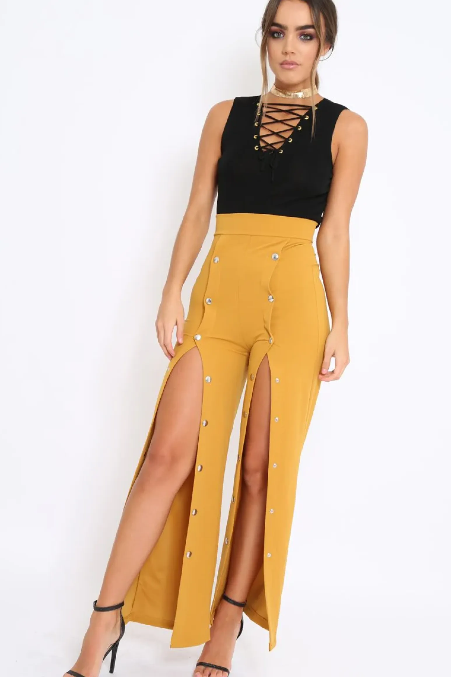 Rebellious Fashion Mustard High Waist Flare Trousers with Popper detail -Tamy
