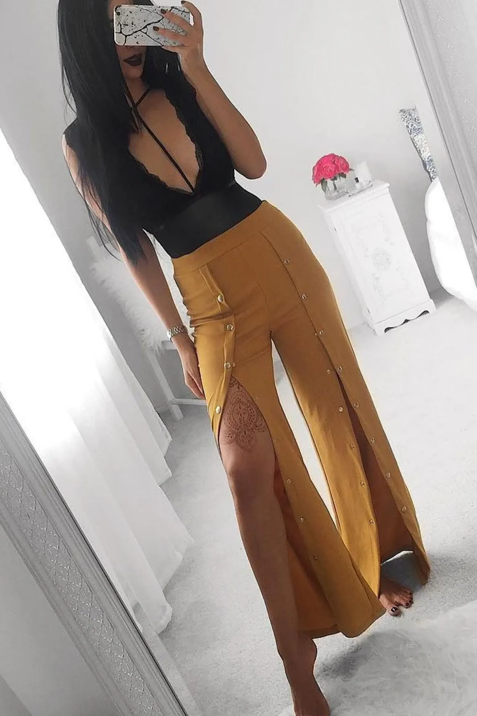 Rebellious Fashion Mustard High Waist Flare Trousers with Popper detail -Tamy