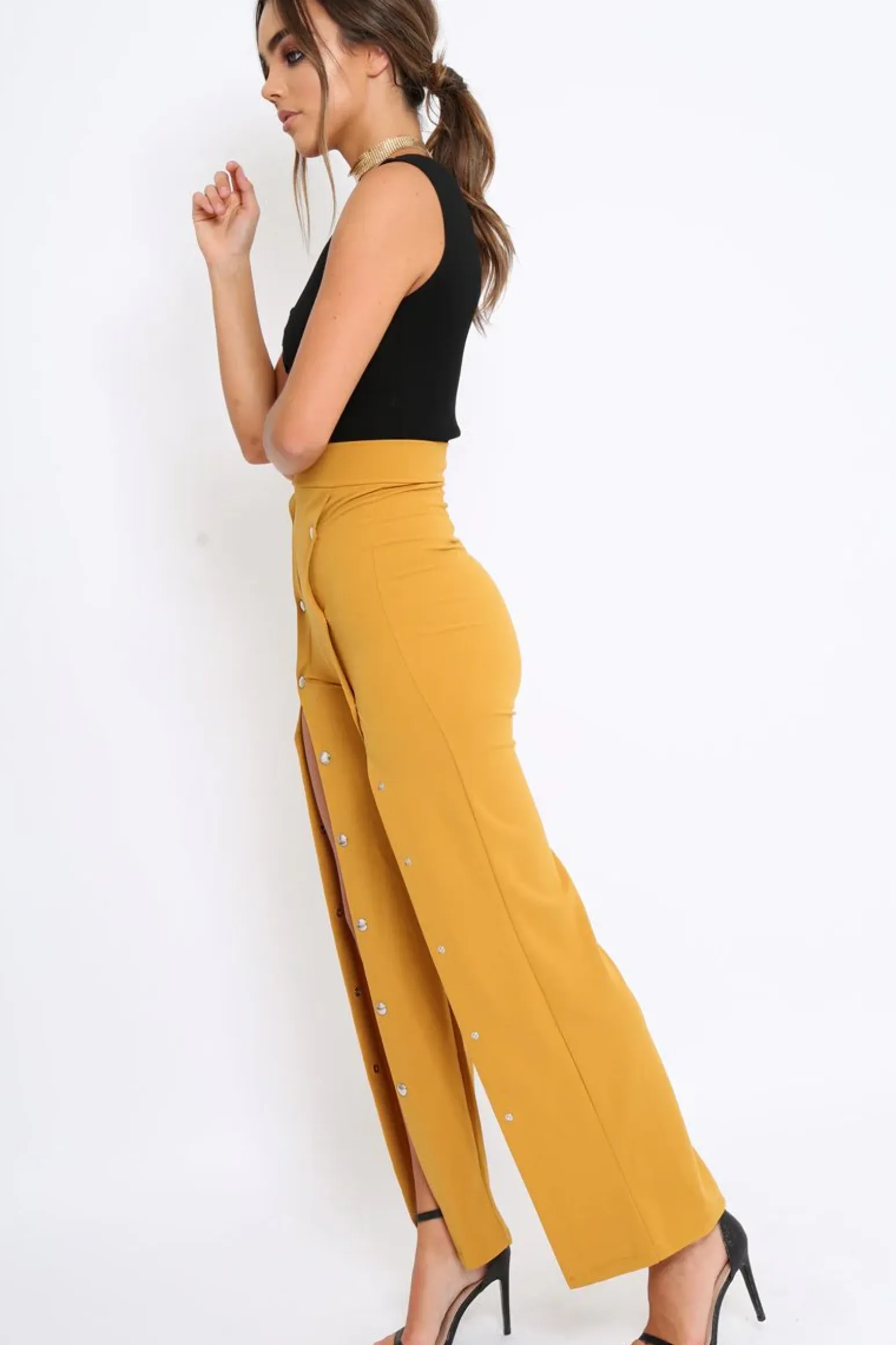 Rebellious Fashion Mustard High Waist Flare Trousers with Popper detail -Tamy