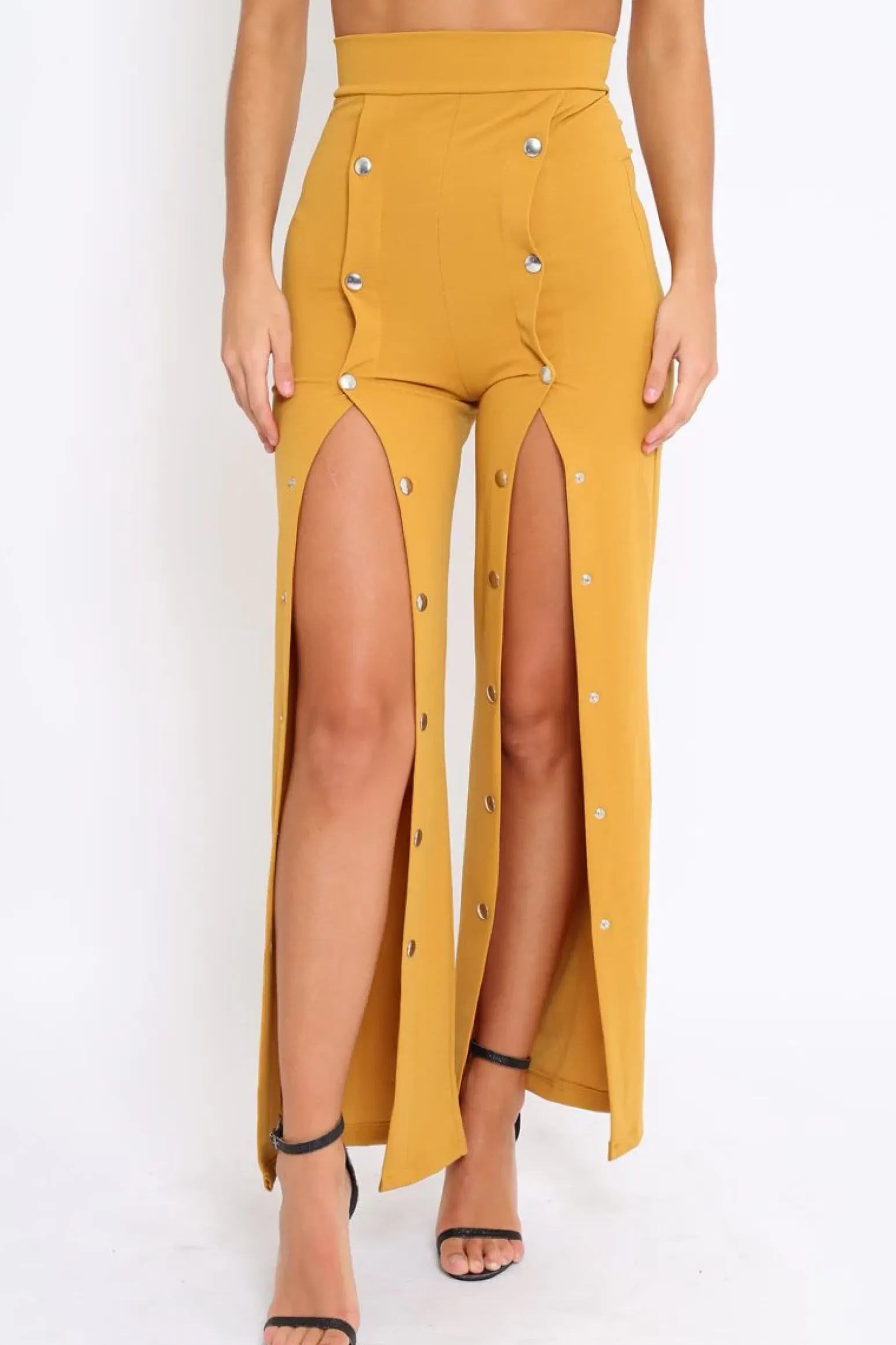 Rebellious Fashion Mustard High Waist Flare Trousers with Popper detail -Tamy
