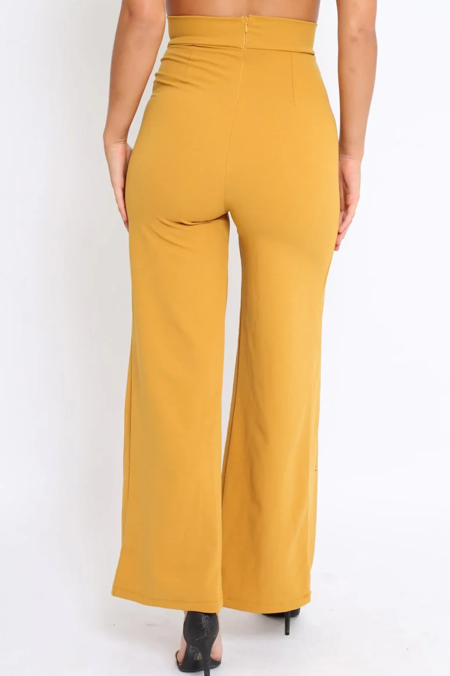 Rebellious Fashion Mustard High Waist Flare Trousers with Popper detail -Tamy