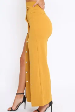 Rebellious Fashion Mustard High Waist Flare Trousers with Popper detail -Tamy