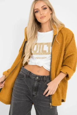 Rebellious Fashion Mustard Hooded Zip Front Borg Coat - Loryn