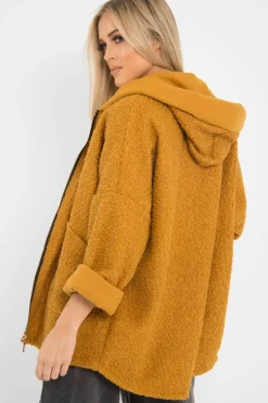 Rebellious Fashion Mustard Hooded Zip Front Borg Coat - Loryn