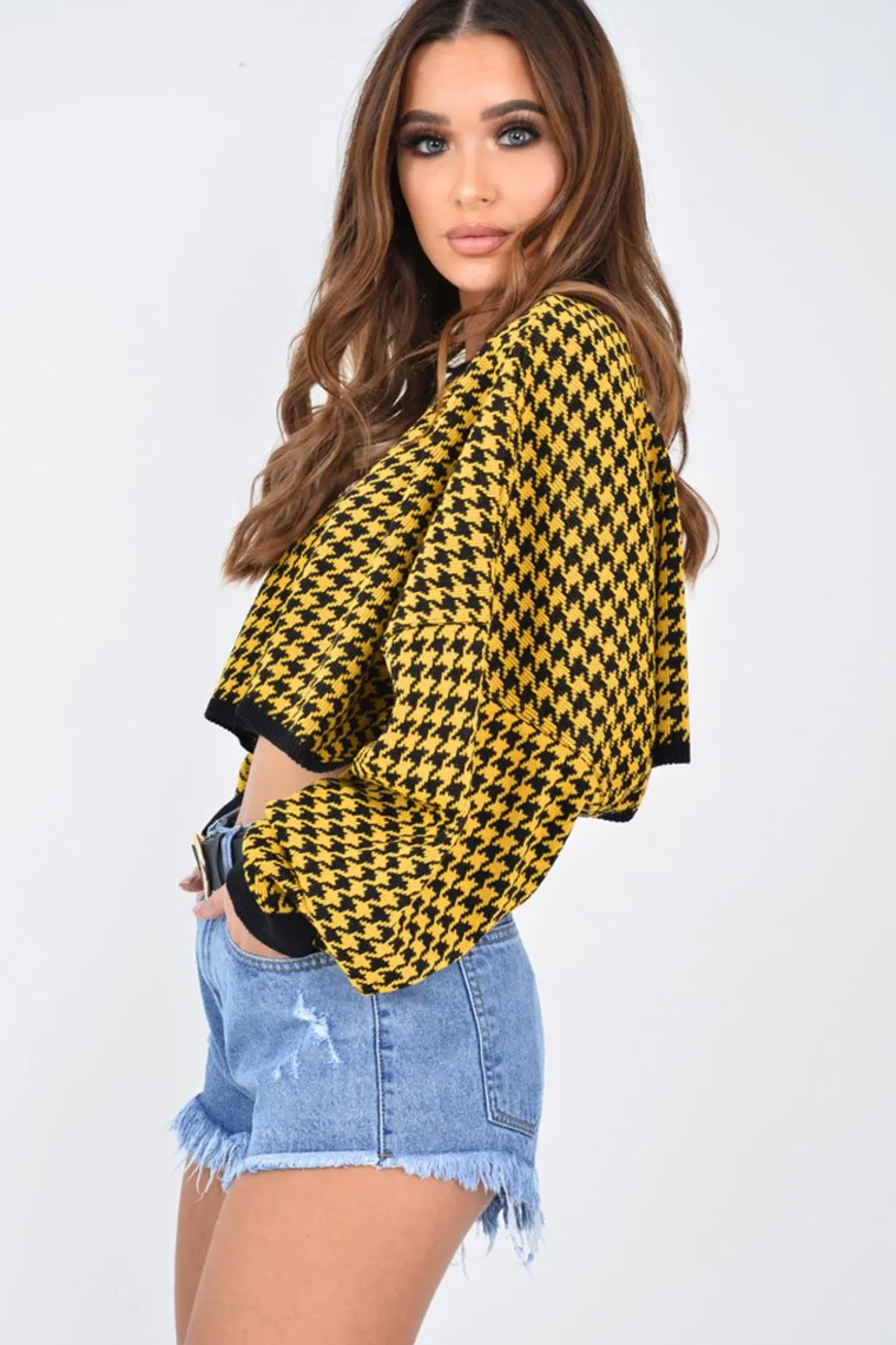 Rebellious Fashion Mustard Hounds Tooth Cropped Batwing Jumper - Lizy