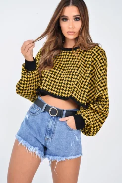 Rebellious Fashion Mustard Hounds Tooth Cropped Batwing Jumper - Lizy