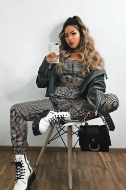 Rebellious Fashion Mustard Houndstooth Crop Top Cuffed Trousers Co-Ord - Kila