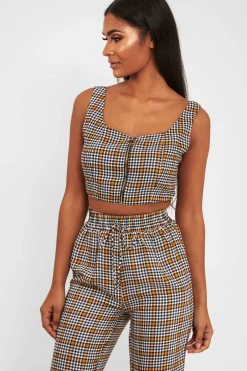 Rebellious Fashion Mustard Houndstooth Crop Top Cuffed Trousers Co-Ord - Kila