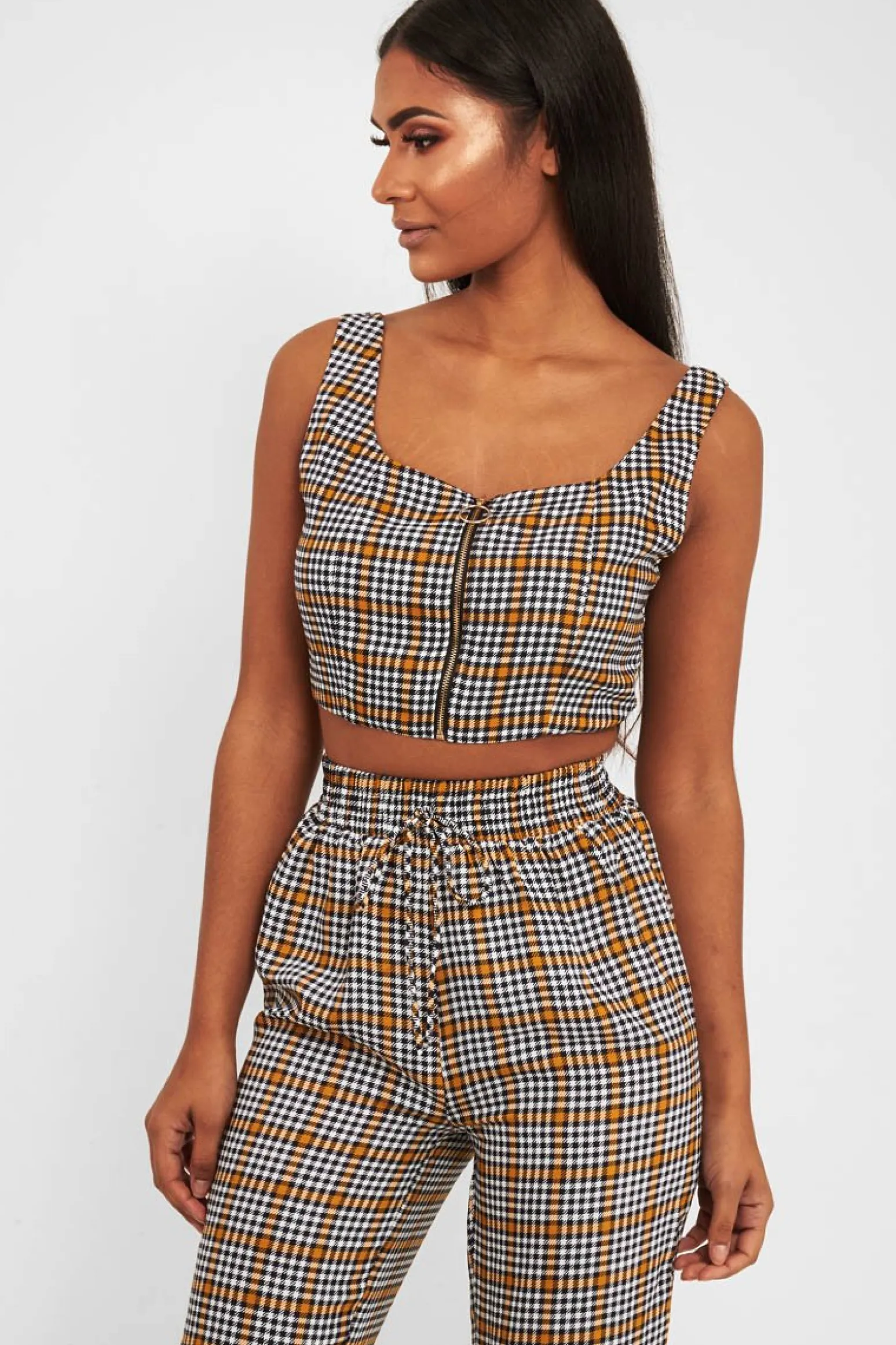 Rebellious Fashion Mustard Houndstooth Crop Top Cuffed Trousers Co-Ord - Kila