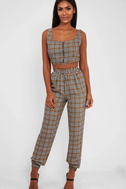 Rebellious Fashion Mustard Houndstooth Crop Top Cuffed Trousers Co-Ord - Kila