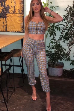 Rebellious Fashion Mustard Houndstooth Crop Top Cuffed Trousers Co-Ord - Kila