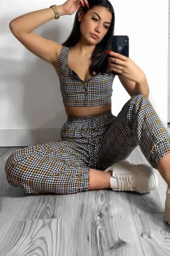 Rebellious Fashion Mustard Houndstooth Crop Top Cuffed Trousers Co-Ord - Kila