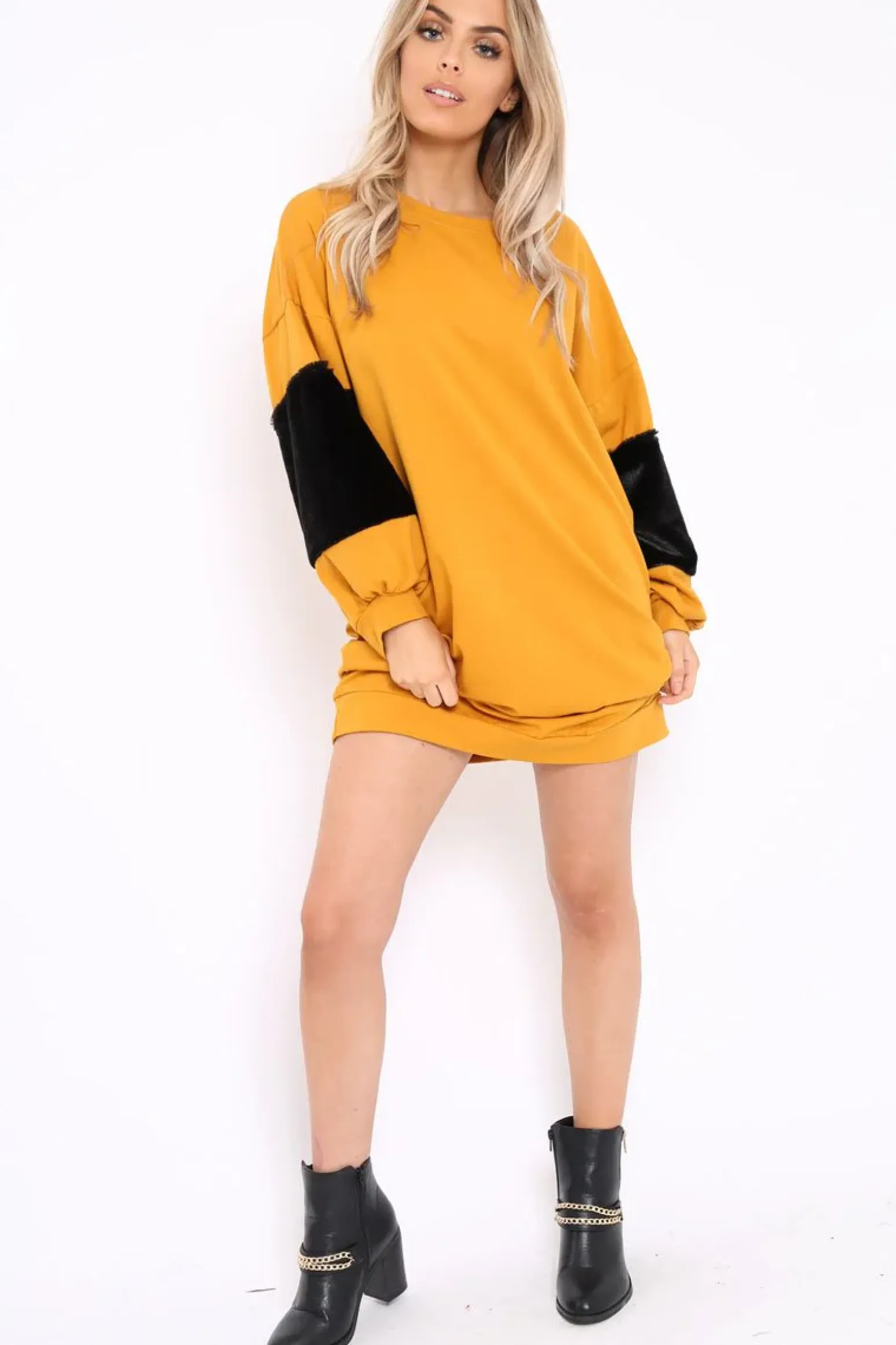 Rebellious Fashion Mustard Jumper Dress with Fur Sleeves - Paris