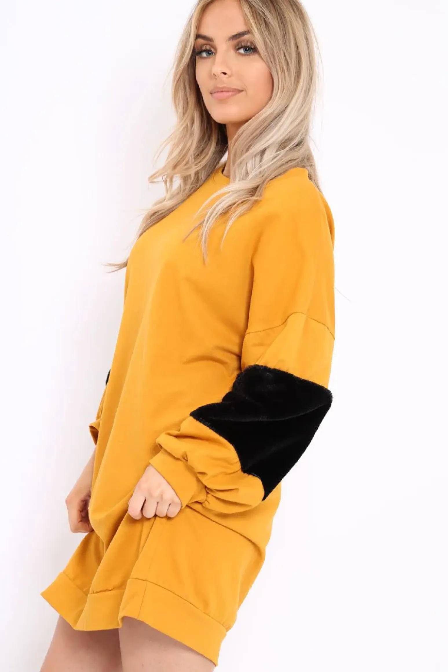 Rebellious Fashion Mustard Jumper Dress with Fur Sleeves - Paris