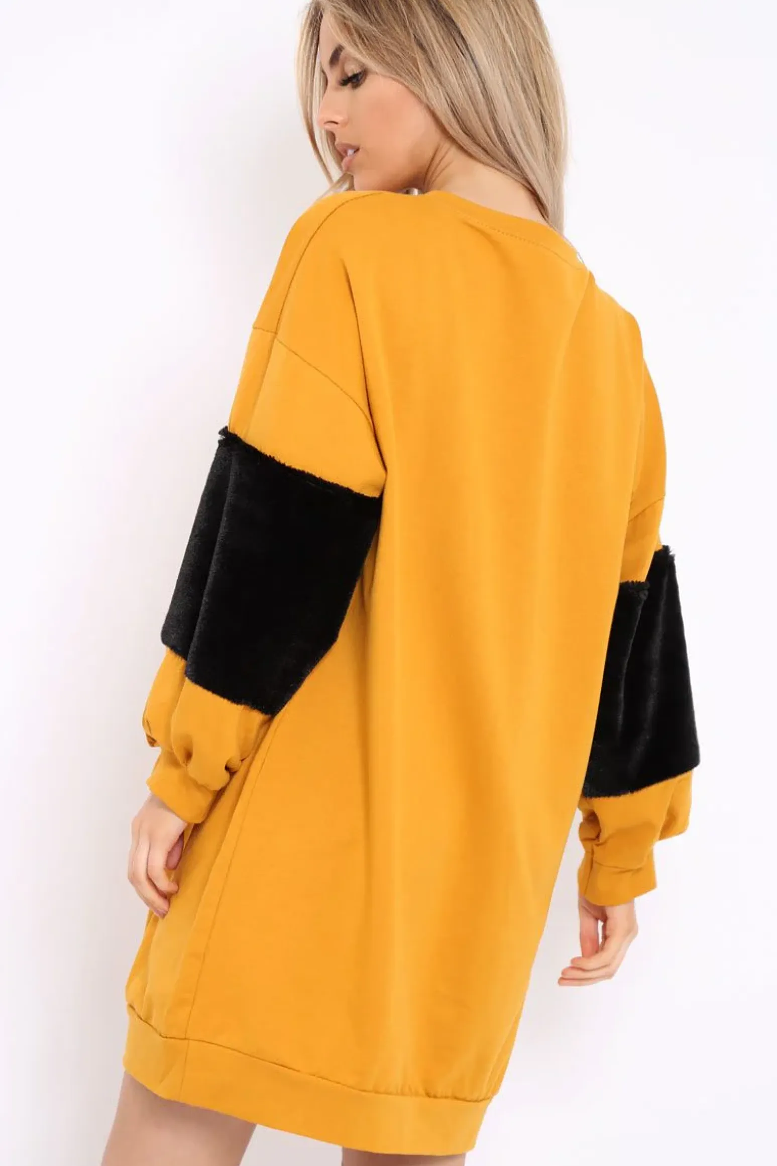 Rebellious Fashion Mustard Jumper Dress with Fur Sleeves - Paris