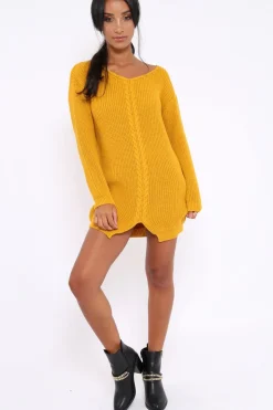 Rebellious Fashion Mustard Jumper Dress with Twist Knit Detail - Antonia