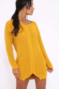 Rebellious Fashion Mustard Jumper Dress with Twist Knit Detail - Antonia